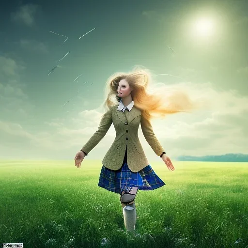 A girl named BilliJo with elegant face flying over a Scottish field, happy, elegant, dream, morning light, dewy, forced perspective