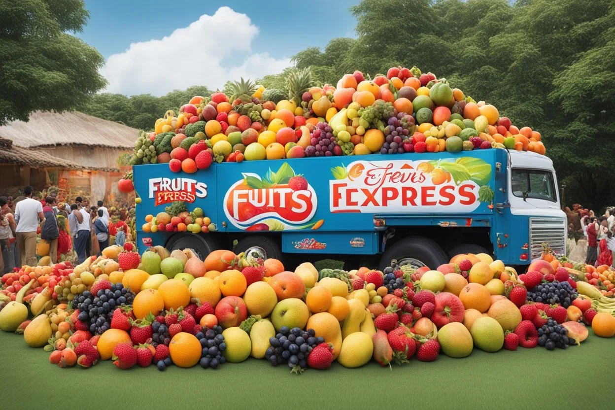 Captivating photo of a large truck full of variety of fresh fruits. The truck's exterior is adorned with an eye-catching "Fruits Express" logo. The fruits spill out of the truck, creating a large carpet of fruits on the grass, around them there are people from various backgrounds collecting the fruits with enthusiasm. The atmosphere is one of joy and happiness, with a clear summer sky.