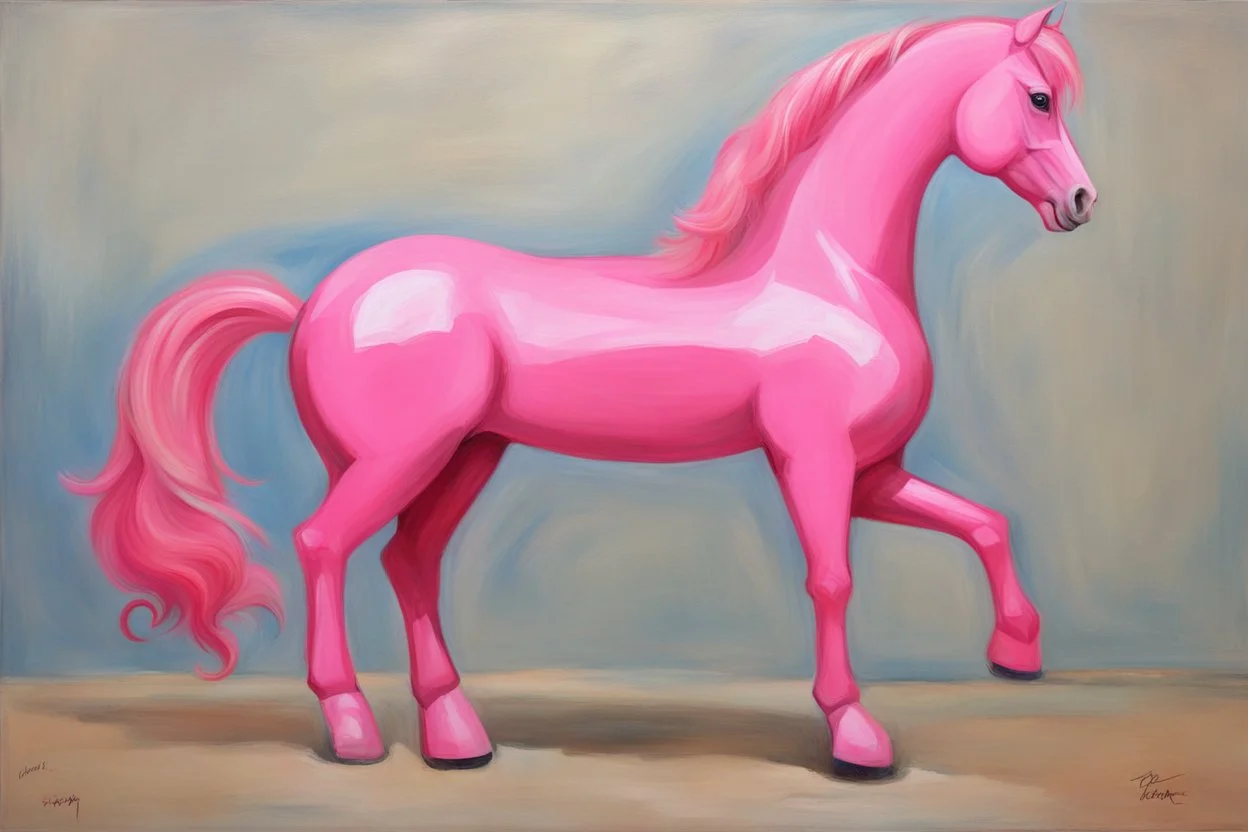 Big pink plastic toy horse.19th painting