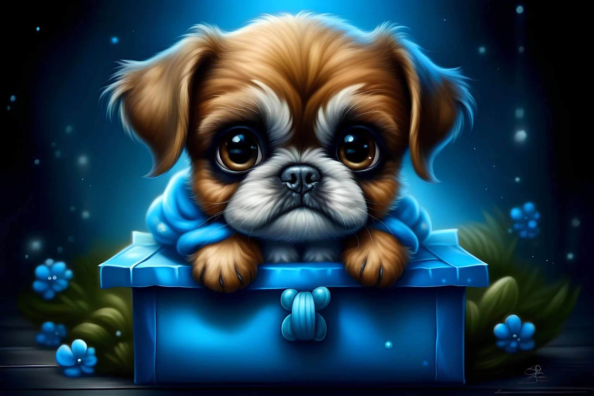 A Stunning kawaii cute fluffy boxer puppy sitting in blue gift box, in the style of Puffy Gator, Beautiful Big Eyes, Apofiss, Ailah, Kikariz, 8K, HD, Fairy, Hyper Detailed, Cinematic Atmosphere, intricate details, Digital Painting, Realistic