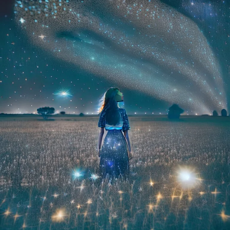 a young woman in field at night with lots of stars, looking at a UFO photo style