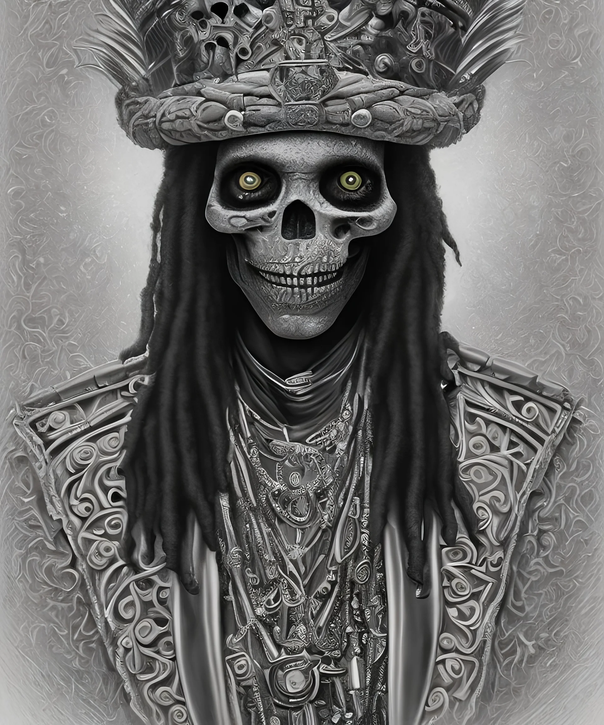 portrait de Papa Legba, roi des zombies , baron samedi, prince des ténèbres, marchand d'âmes, vaudou haïtien , avec chapeau haut de forme, caricature, halo d'énergie autour de lui, très coloré, très détaillé, très intriqué, très réaliste, très précis, angle parfait, reflets discrets, magnifique,majestueux, royal, arrière plan nuit étoilé , hdr, 16k, octane effect, unreal engine, cinema 4d