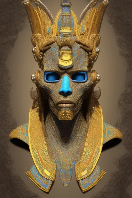 Aztec male African Egyptian alien, cracks in the voodoo head, wicked, eyes, crown, Elephant, 8k, finely detailed, photo realistic, tiger turquoise skull head gold dragon space alien snow skeleton gold hornytoad silver crown silver eyes