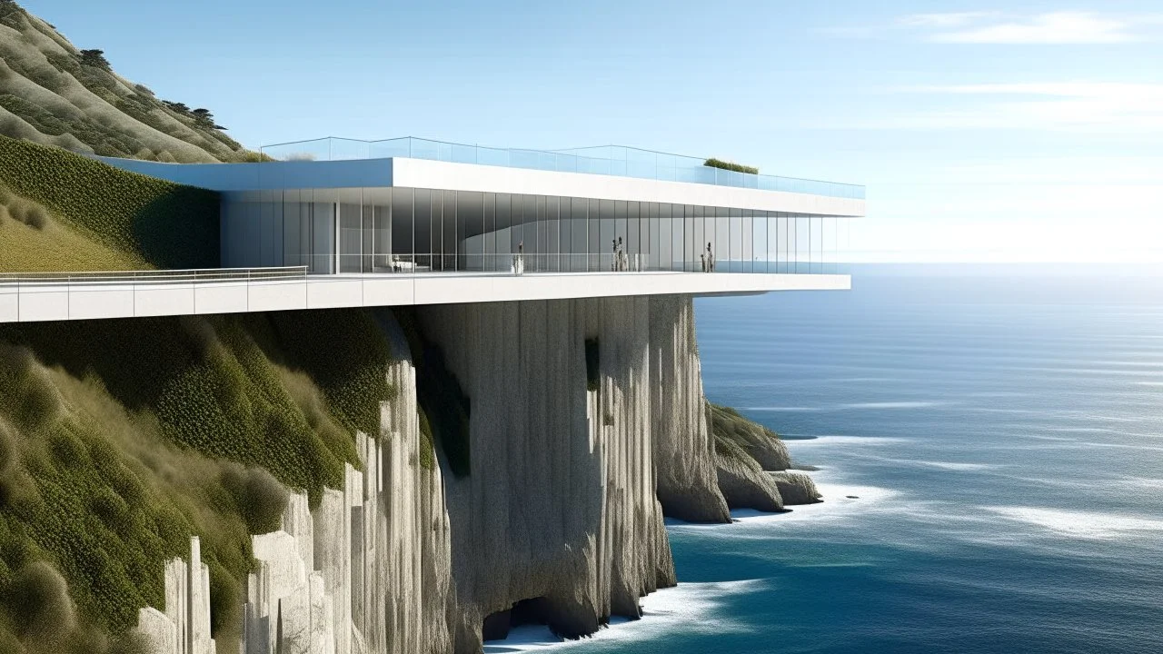 White architecture and large glazed surfaces lead to bright open spaces, a fluid connection between interior and exterior, located on a cliff.