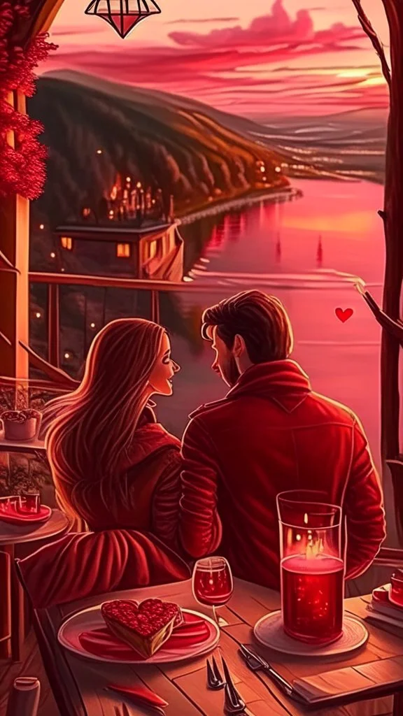 Valentines day date night, no peaple, just scenery, art, drawing, very realistic, detailed, vibrant colors.