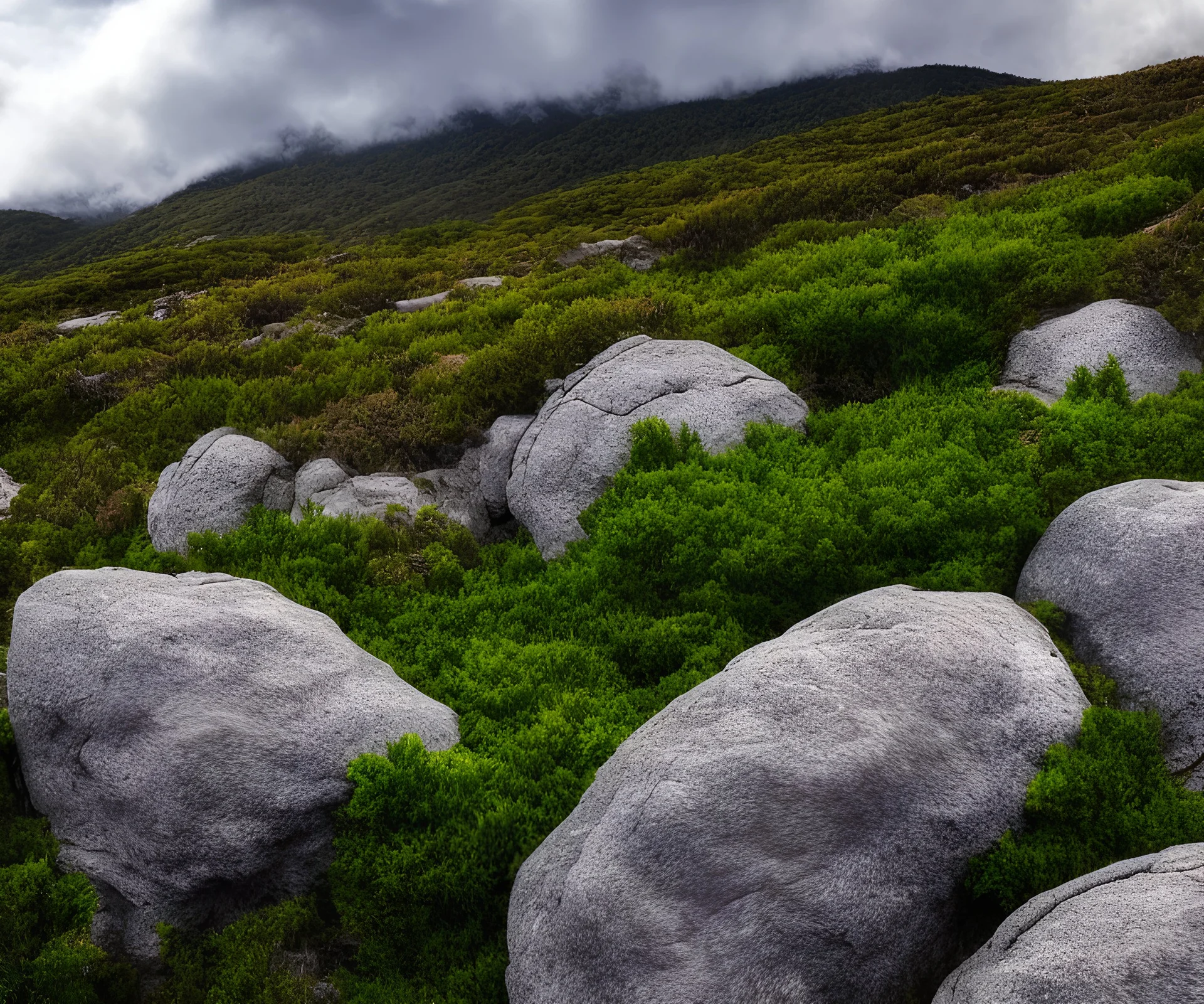 Arbustos, piedras, nubes