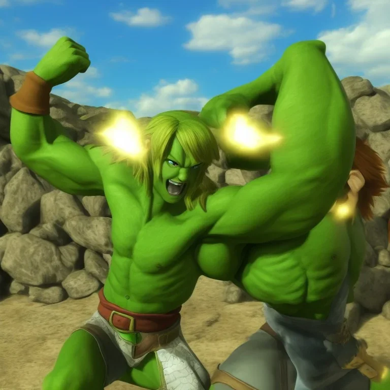 link in zelda fighting the hulk, realistic photo