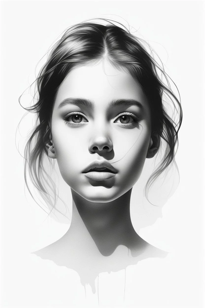 A realistic drawing in negative space black ink on white background of a beautiful front view of a young girl with clear white face, all picture is bright white