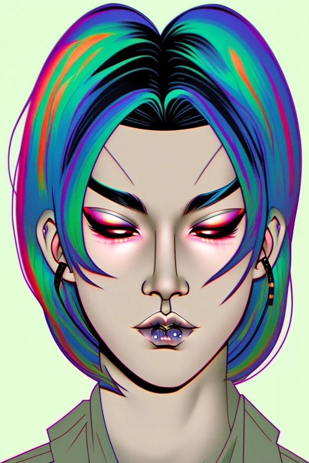 Asian androgynous woman, in detailed 80's graphic novel illustration, piercings, rainbow hair, androgynous look, epic colour treatment, cinematic colour treatment