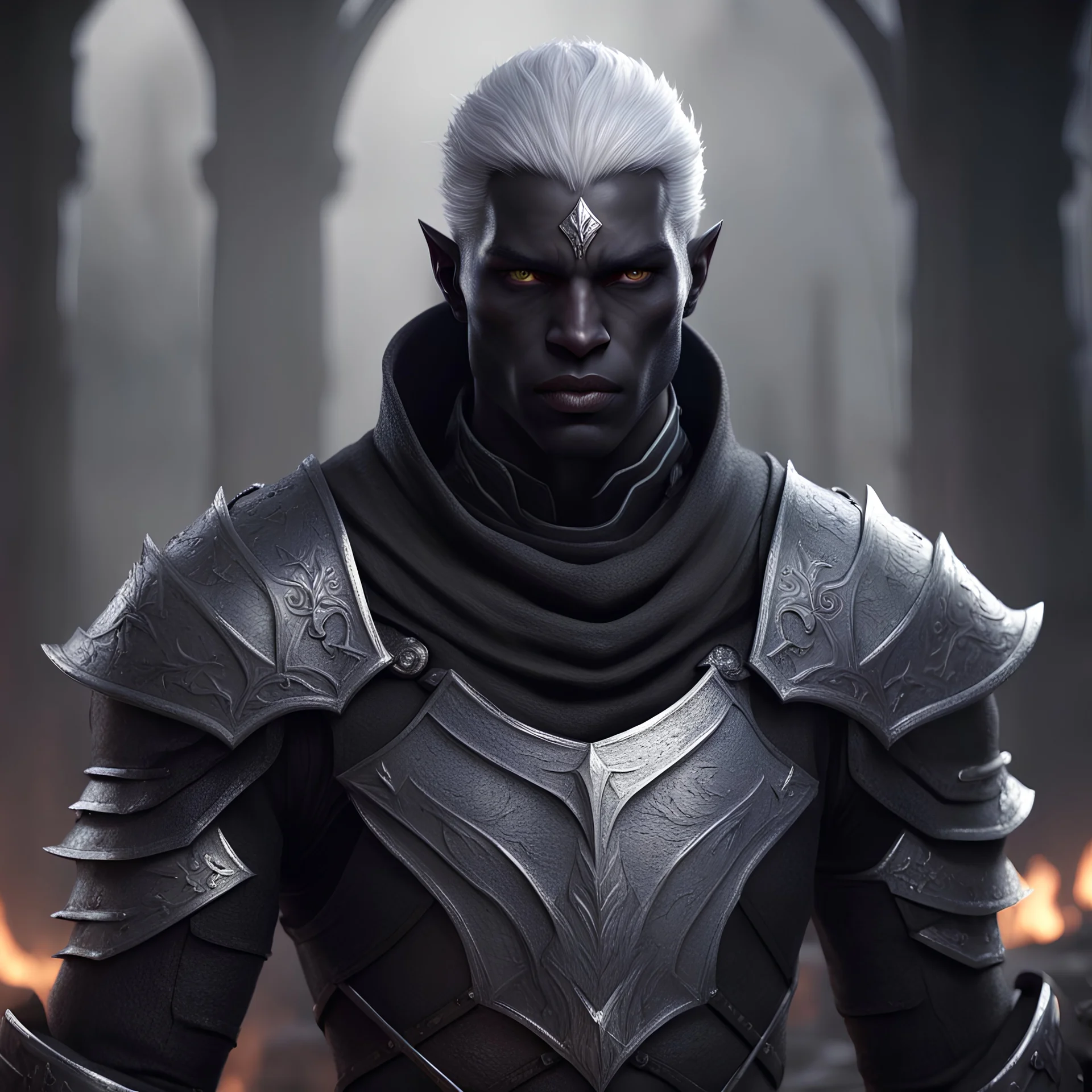 drow male knight, d&d character art masculine features, deep coal-gray skin, 8k, 3d cgi, unreal engine 6, high detail, intricate, cinematic battle background