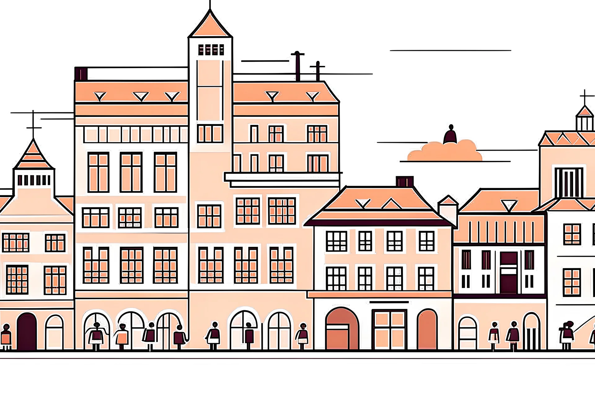 Scene zoomed on on a building in a city in a not scary hell, an exaggerated long que of people outside the building, waiting in line, style: children’s book illustration, flat vector-like, no shadow, minimalistic, no outline, realistic colors in orange, red shades
