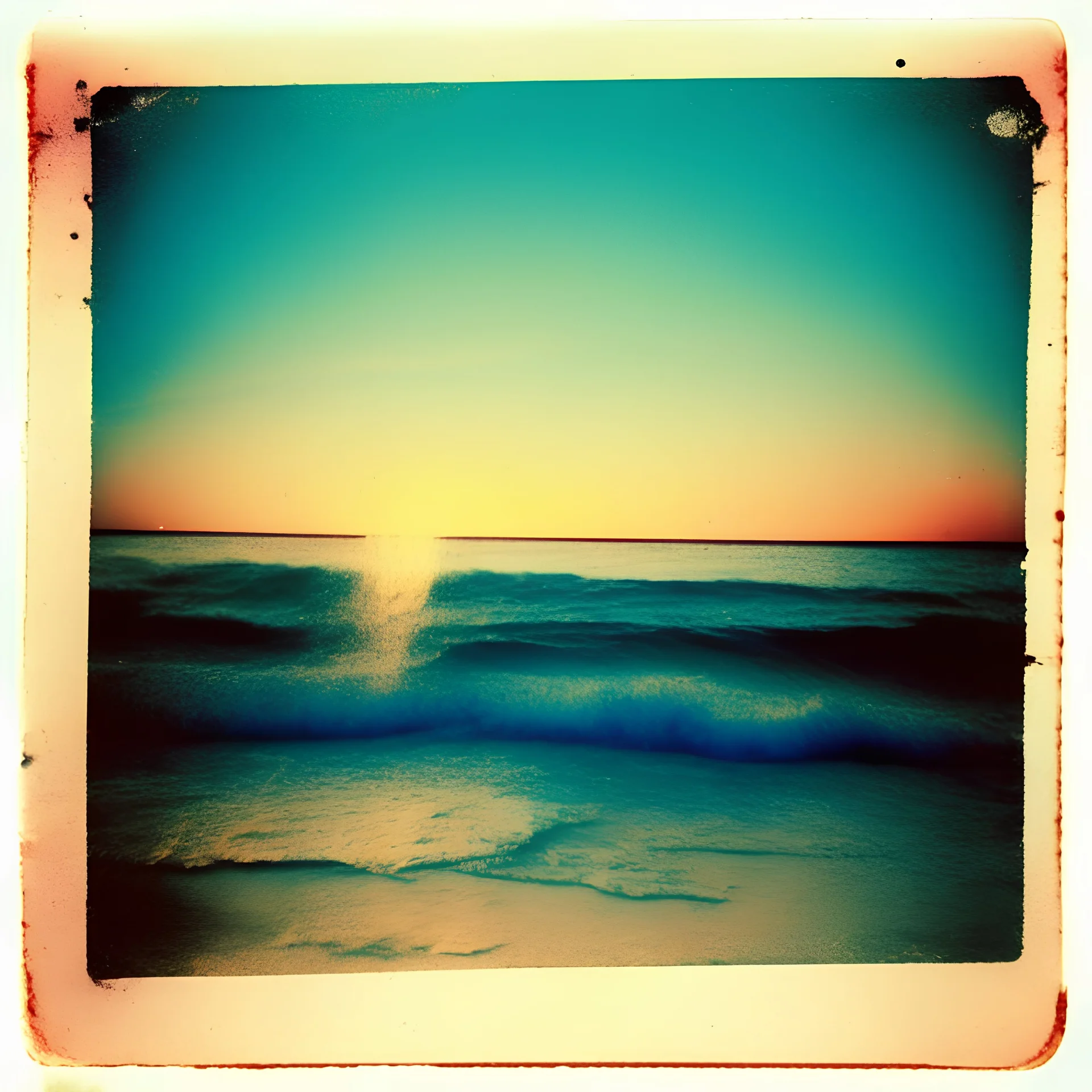 Photographic, Sea, soft turquoise waves, polaroid with damaged border, 1968, sunset, scotch tape on the border, scribblings