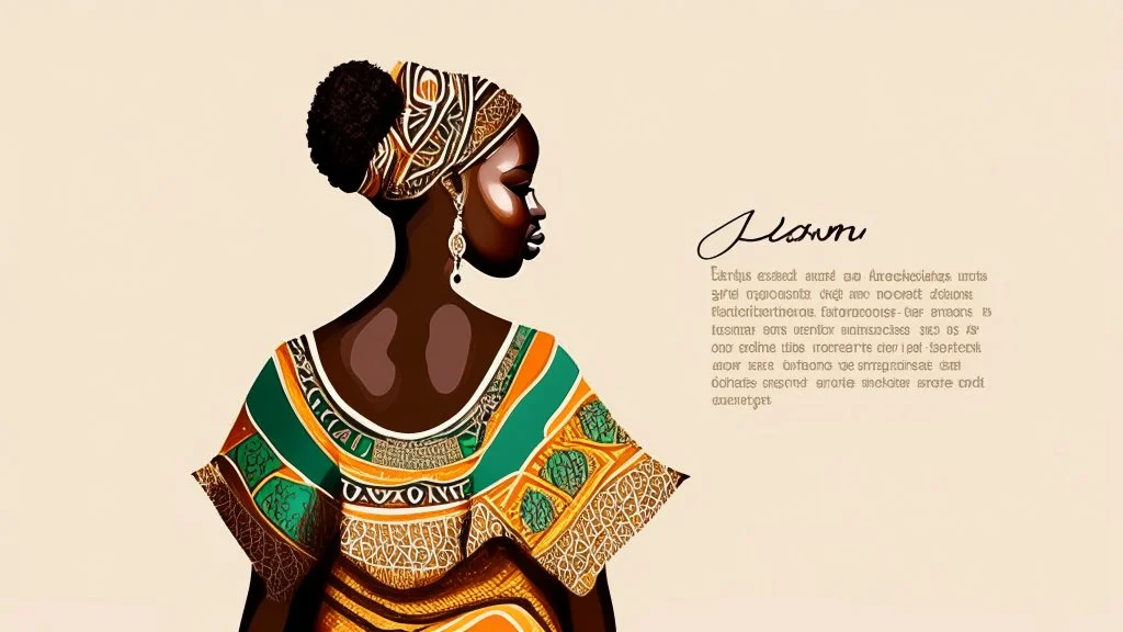 Logo, design, African woman, oil painting, graphic, drawing, without facial features, white background, traditional clothing, cartoon, no features Inscriptions in the background