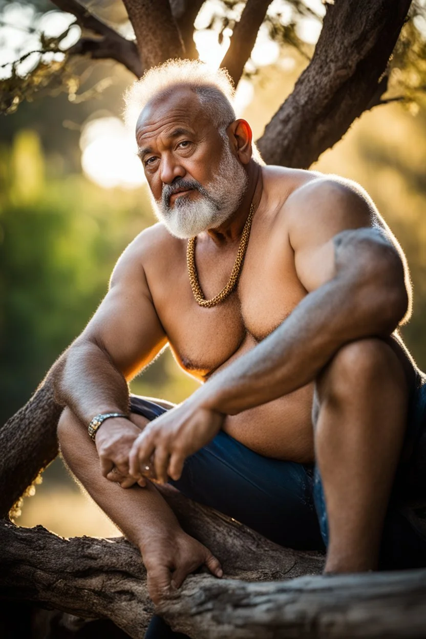 close up photography of a marocan 60 years old seated on a tree trunk in the wood, burly chubby muscular overweight, with opened shirt on manly chest, white bulging boxer, shirtless, hairy , golden hour, tatoo, Cinematic, 35mm lens, f/1.8, accent lighting, global illumination, frontal view from the ground