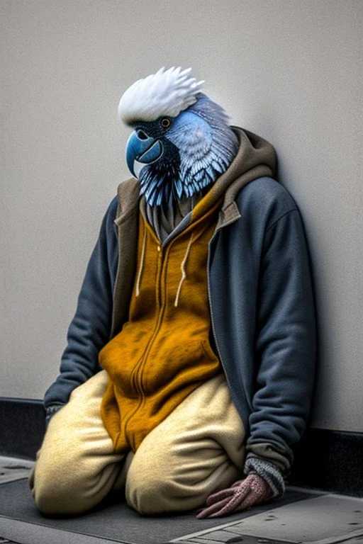 One single mature homeless cockatoo with worn out clothes, sleeping in a corner on the street, Vienna, mourning, model style, hyper realistic, extremely accurate, delicate, extremely detailed, mango style, wide-angle, open aperture, superfine pencil