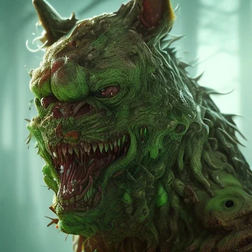 Dog, monster, green, horror, teeth, gore, blood, masterpiece, expert, 8K, hyperrealism, sharp focus, cinematic lighting