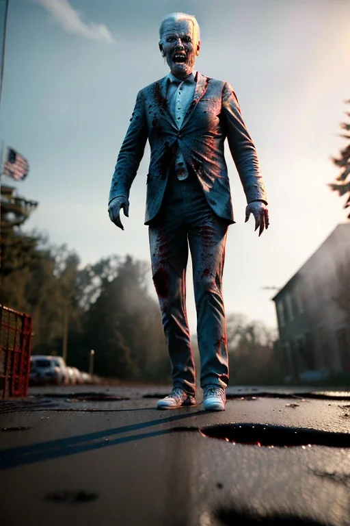 Ultra realistic image, joe biden zombie, zombie performance, blood, torn arm, night, walking twisted, waist up view, walking dead style, dark ambient, highly detailed, White House background, concept art, unreal engine 5, god rays, ray tracing, RTX, lumen lighting, ultra detail, volumetric lighting, 3d, finely drawn, high definition, high resolution.