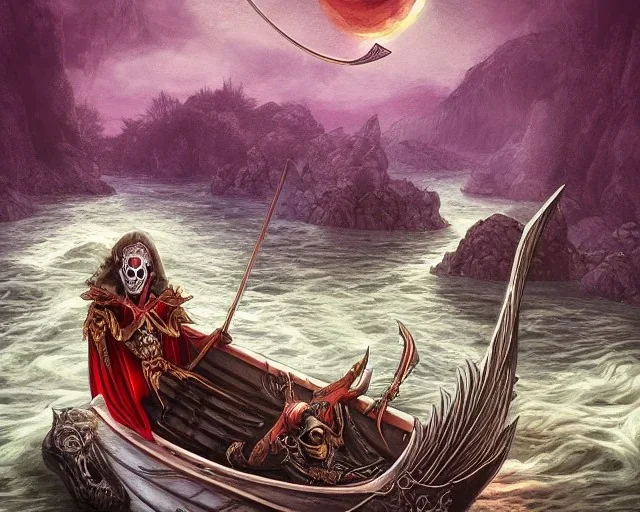 sango fantasy, fantasy magic, intricate, sharp focus, illustration, highly detailed, digital painting, concept art, matte, Greek mythology Charon ferryman, skeleton in full length cape, in boat on river styx, sharp jagged rocks, red purple blue colours, red hot lava river