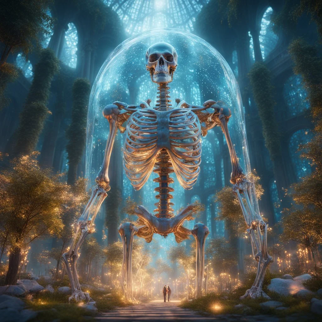 giant glass skeleton merge over the holy city, enchanted forest, glowing flora, bright, glowing, sparkles, 8k, incredible depth, dramatic lighting, beautifully intricate details, clean environment, epic dynamic scene