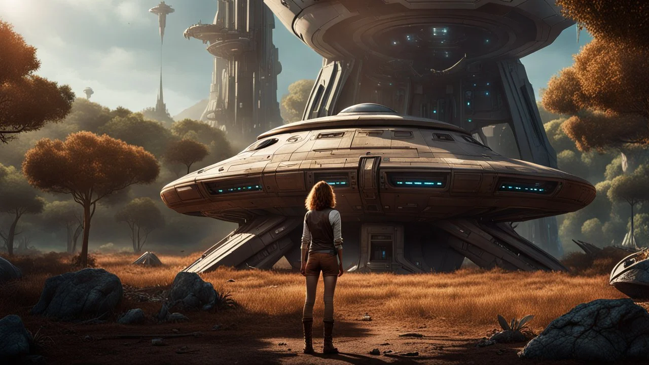 A skinny 50-year-old woman standing, hands on hips, in brown shorts, a shirt, and boots, standing next to a large, sleek cargo spaceship, sitting in a clearing, in a derelict alien city with trees and fungi in clumps.
