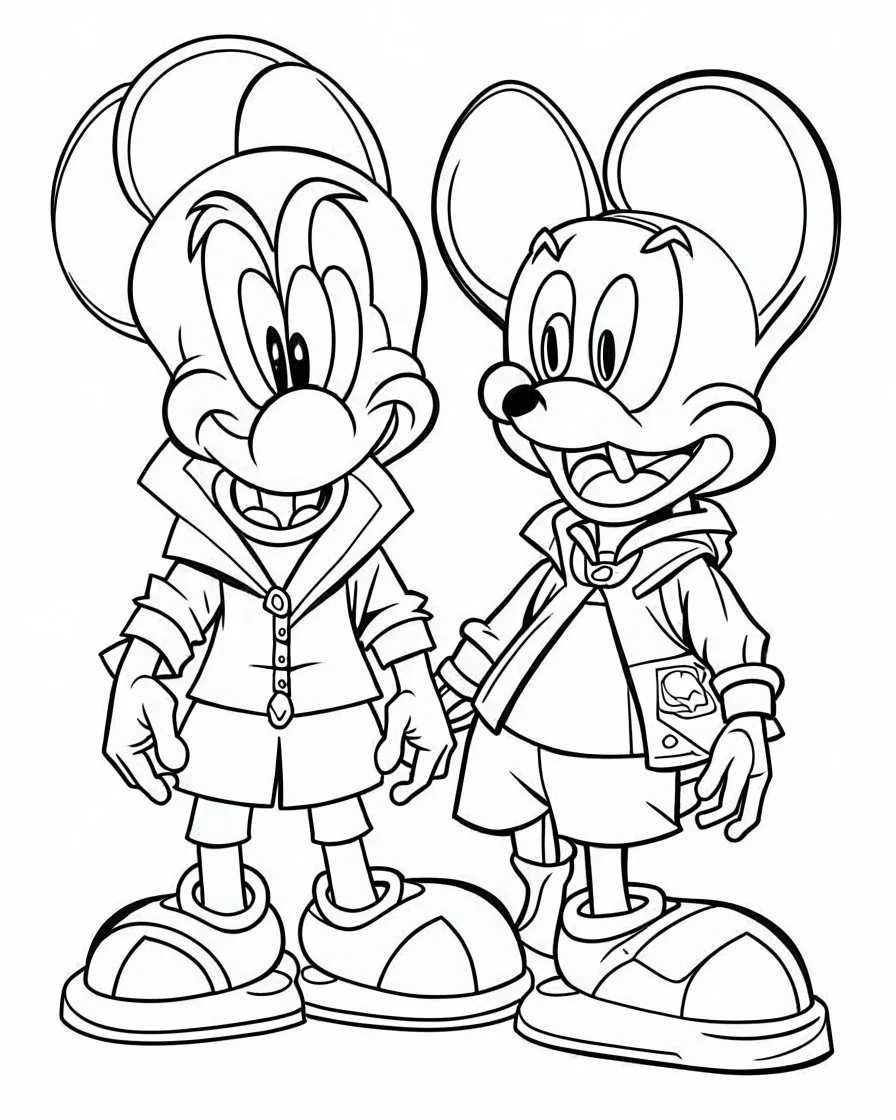 outline art for Mickey Mouse With Donald Duck And Goofy To Color coloring page, Japanese manga style, cartoon style, cute face, white background sketch style, full body is a must, only use outline, clean line art, no shadow, bold outline