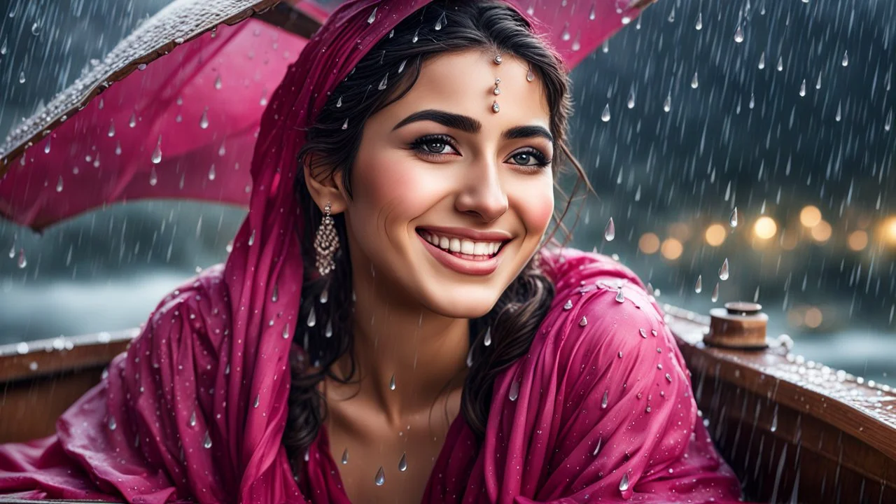 Hyper Realistic detailed Photographic-Close-view of a happy smiling young beautiful Pashto woman happily-enjoying-in rain with rain droplets on her beautiful face & wet hair, wearing-pink-frock-maroon-ribbon-&-black-shawl sitting in a beautiful-wooden-boat at rainy-night with dark-clouds with a lantern-beside-her showing dramatic & cinematic ambiance.