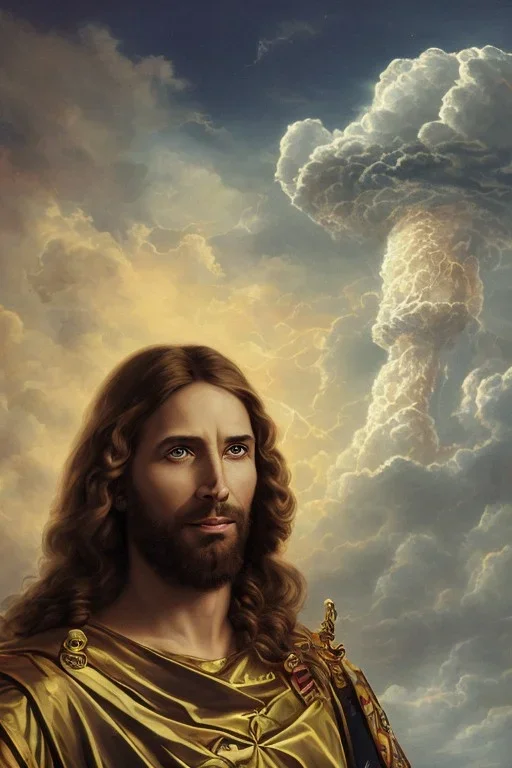 Jesus, on the background of a nuclear explosion, photorealistic illustration, 8k