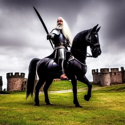 great old knight with flowing white hair and beard riding black horse toward castle