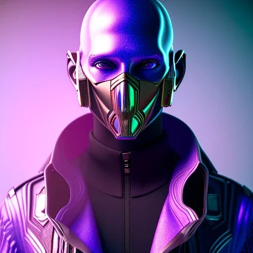 cyberpunk purple masked villain in galaxy, teal and purple smoke, detailed, realistic, 4k