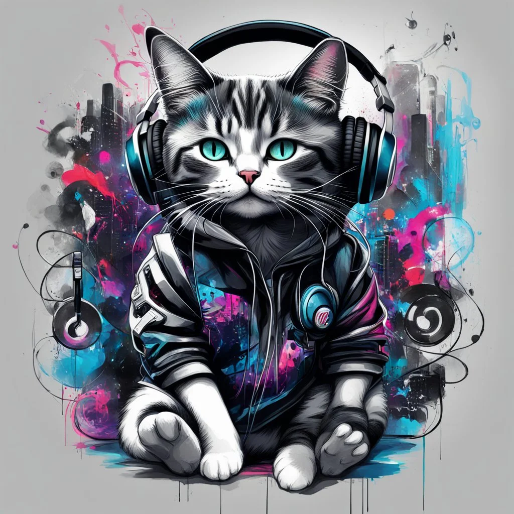 Illustrative sketch of cat in music with headphones, full body, ultra quality, hyper detailed, graffiti, concept art, maximalism, 8k