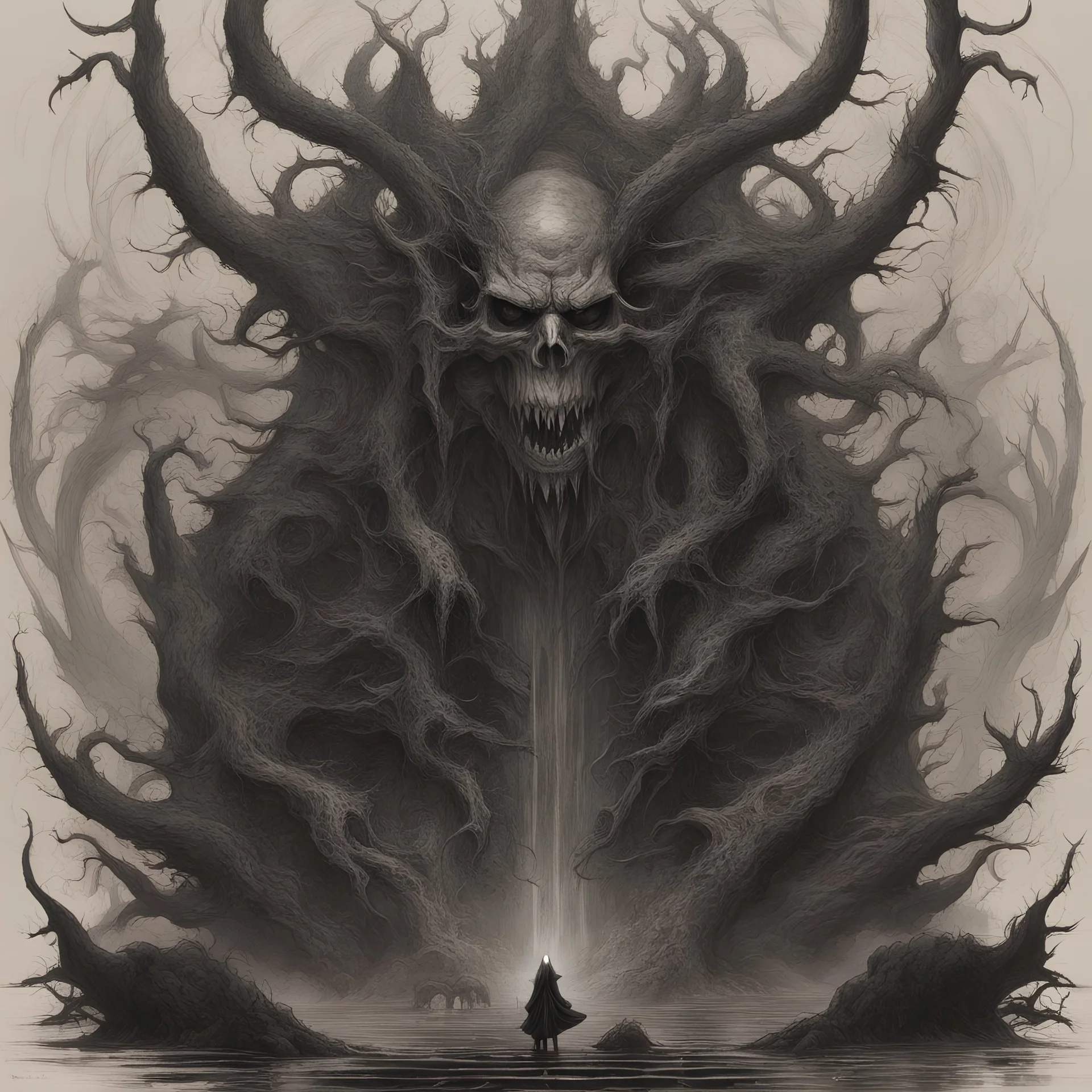 Generate a visually striking artwork that depicts 'Abaddon' as a formidable and malevolent entity drawing inspiration from dark mythology and biblical references. Incorporate elements of chaos, destruction, and a foreboding atmosphere, while highlighting Abaddon's menacing presence and otherworldly power.