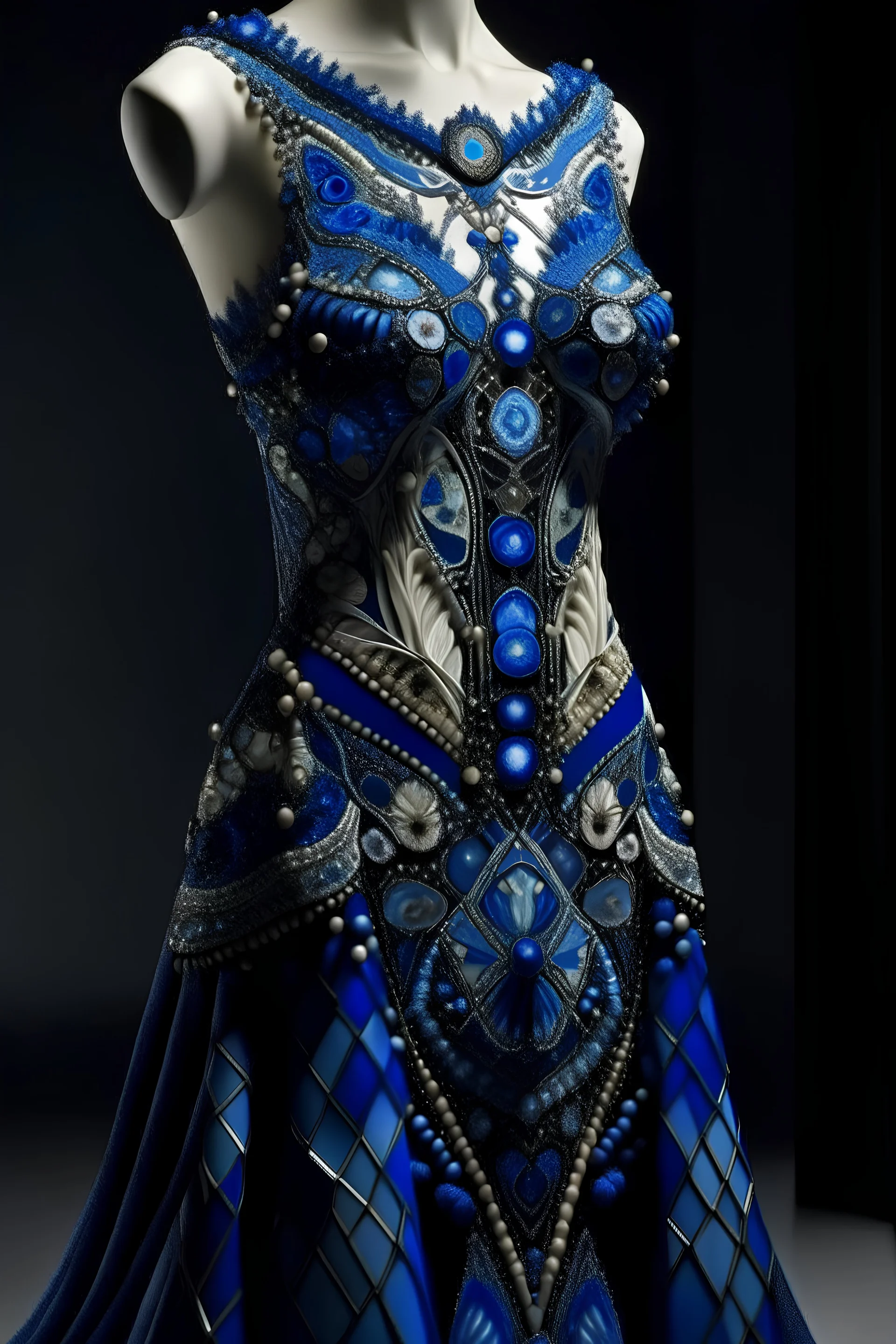 A blue soiree dress, made of satin fabric, embroidered with beads and stones, inspired by fractals in geometry.