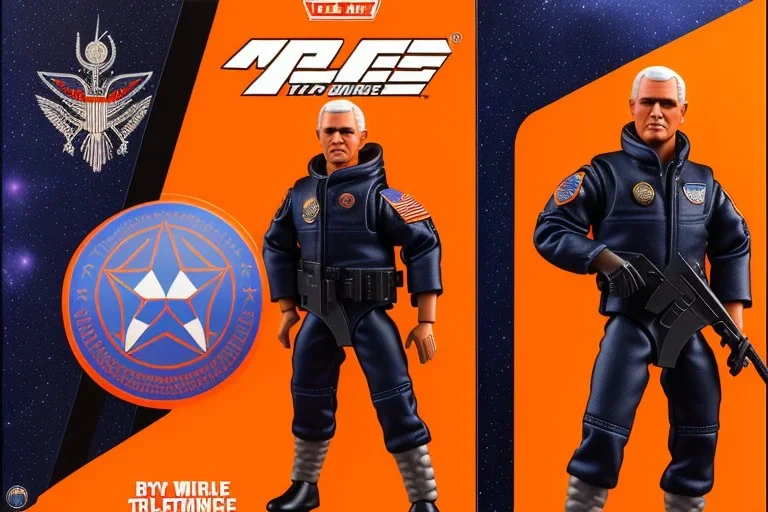 Mike Pence G.I. Joe toy Doll With a gun and Space force uniform inside blister packaging hanging on a Wallrack in toystore, fluorescent orange, wide angle shot whole body, black boots, laser, Cheekscar, pricetag, Jetpack,fullsize