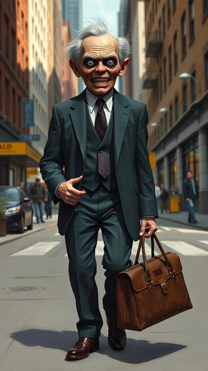 A man with suite carrying a business bag walking in the new York street , his head is an old scary doll , Busch says painting style