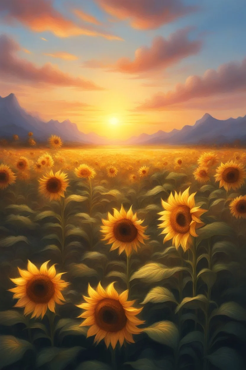 At sunset turn this into a beautiful sunflower scenery, magical, painting quality 8K , Busch painting style