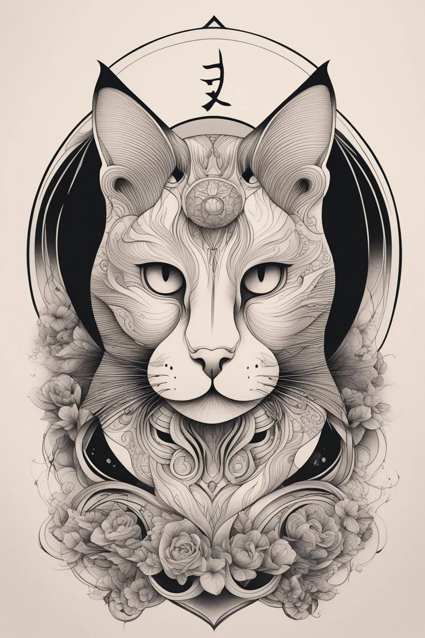 Create a captivating modern 2d ink tattoo design for print , prestigious Sacred Cat using the elegant influences of japan art style, for print, dynamic elements from fashion and design, and bold Japanese contemporary art aesthetics, framing centered in the center, distanced from the edges of the paper perimeter, perfect anatomy, bauhaus, Divine Proportion,