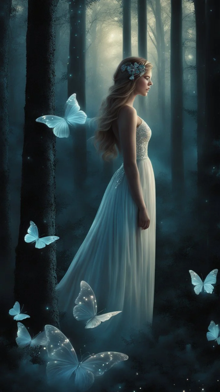 Beautiful girl, beautiful, dream, trees, forest, dark night, song, glitter butterflies, fantasy