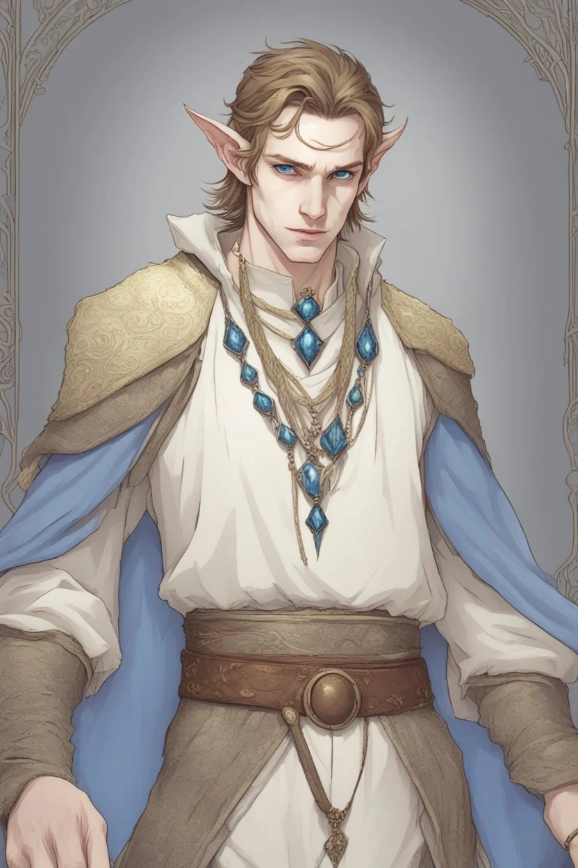 a wealthy half-elf young man with pointy ears and blue eyes, wears lots of jewelry, pale skin, soft face