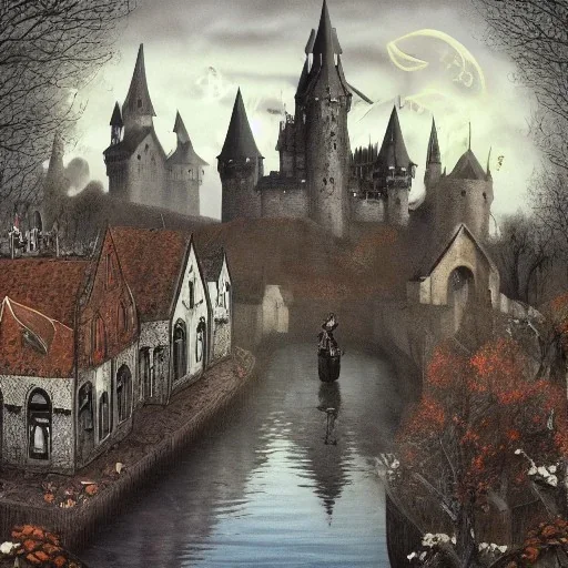 A magical dark gothic canal little town of wizards, witches and warlocks with a castle and huge caravan houses Nick Harris style