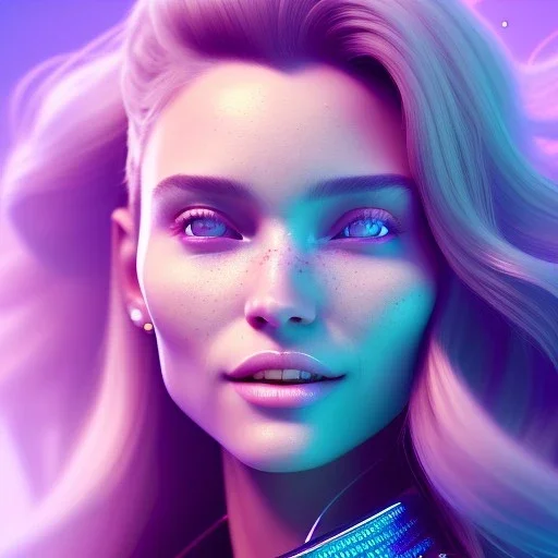 A portrait of a crystalised beautifull girl,smiling, laughting longs hairs, atmospheric, realistic,, cinematic lighting, octane render,, pink turquoise light