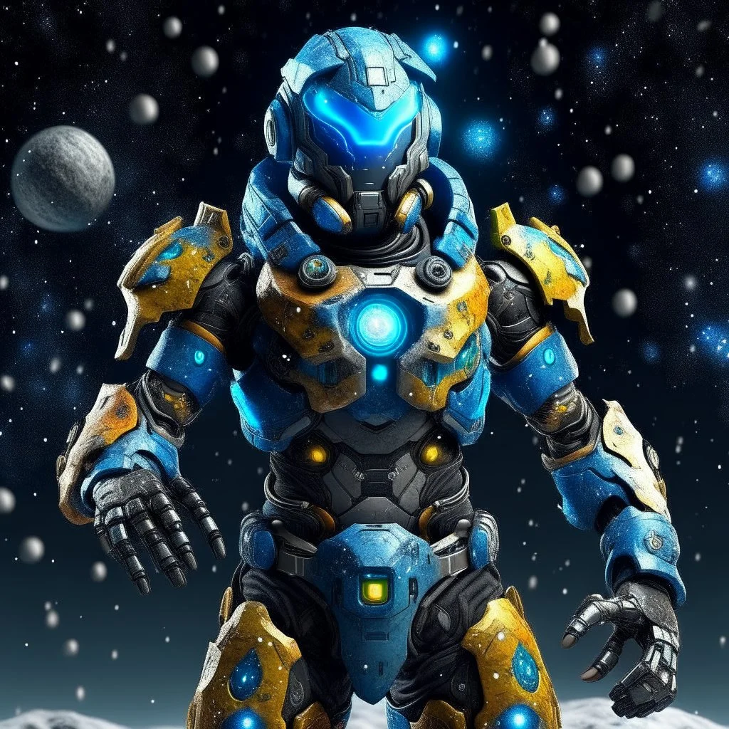 A battle suit made of galaxies and stars with a glove that has seven endless stones Battle armor from the extract of galaxies