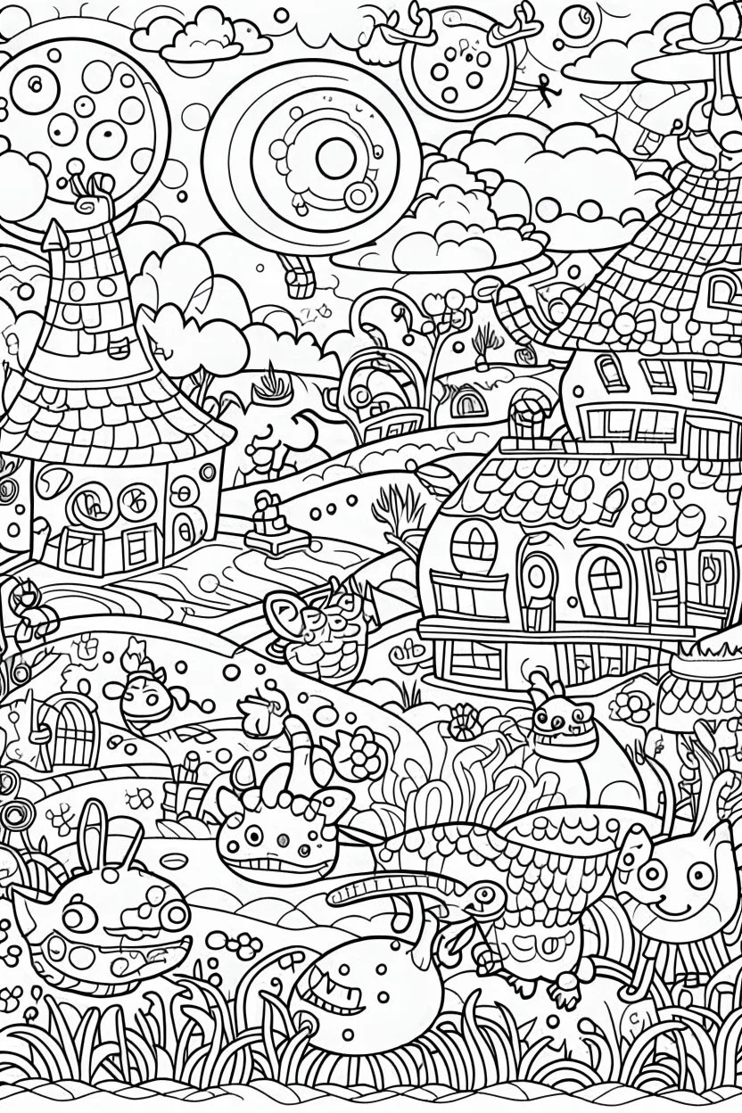 coloring page for kids, STRESS RELIEF, cartoon style, thick outline, low details, no shading, vivid color