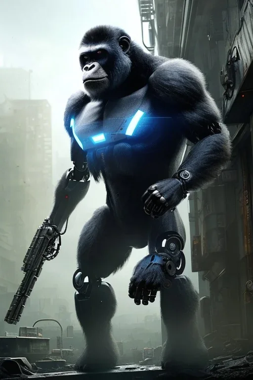 Cybernetic Robot Gorilla, post-apocalyptic in a cyberpunk city, realistic, intriacte detail, sci-fi fantasy style, volumetric lighting, particales,highly detailed,cinamatic, deep