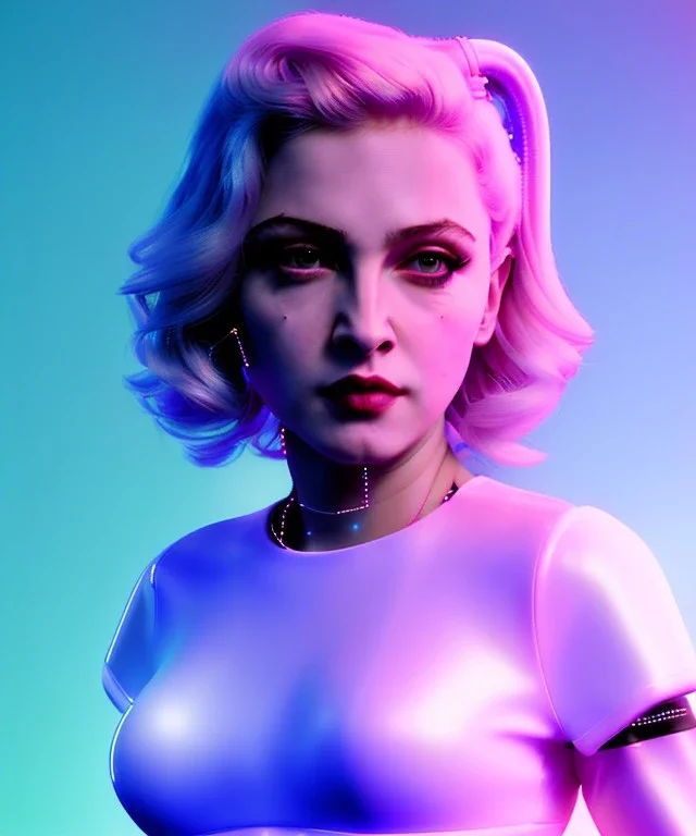 Artist, young madonna, android woman, sweet, blonde, white skin, long eyeliner, purpurin, glossy lips, make-up, color leds lights, cables, short hair, circuits, cyberpunk, latex coat, cyber punk, neon, portrait, studio photo, unreal engine 5, soft color, 16 bit, god lights, ray tracing, RTX, lumen lighting, ultra deatail, volumetric lighting, 3d, finely drawn, hd.