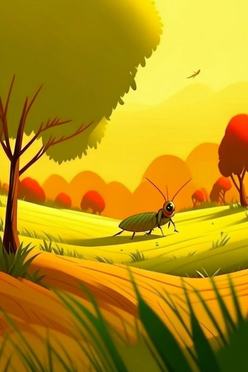 Trees，Warm color palette，Animation，The grasshopper stood on the rice field