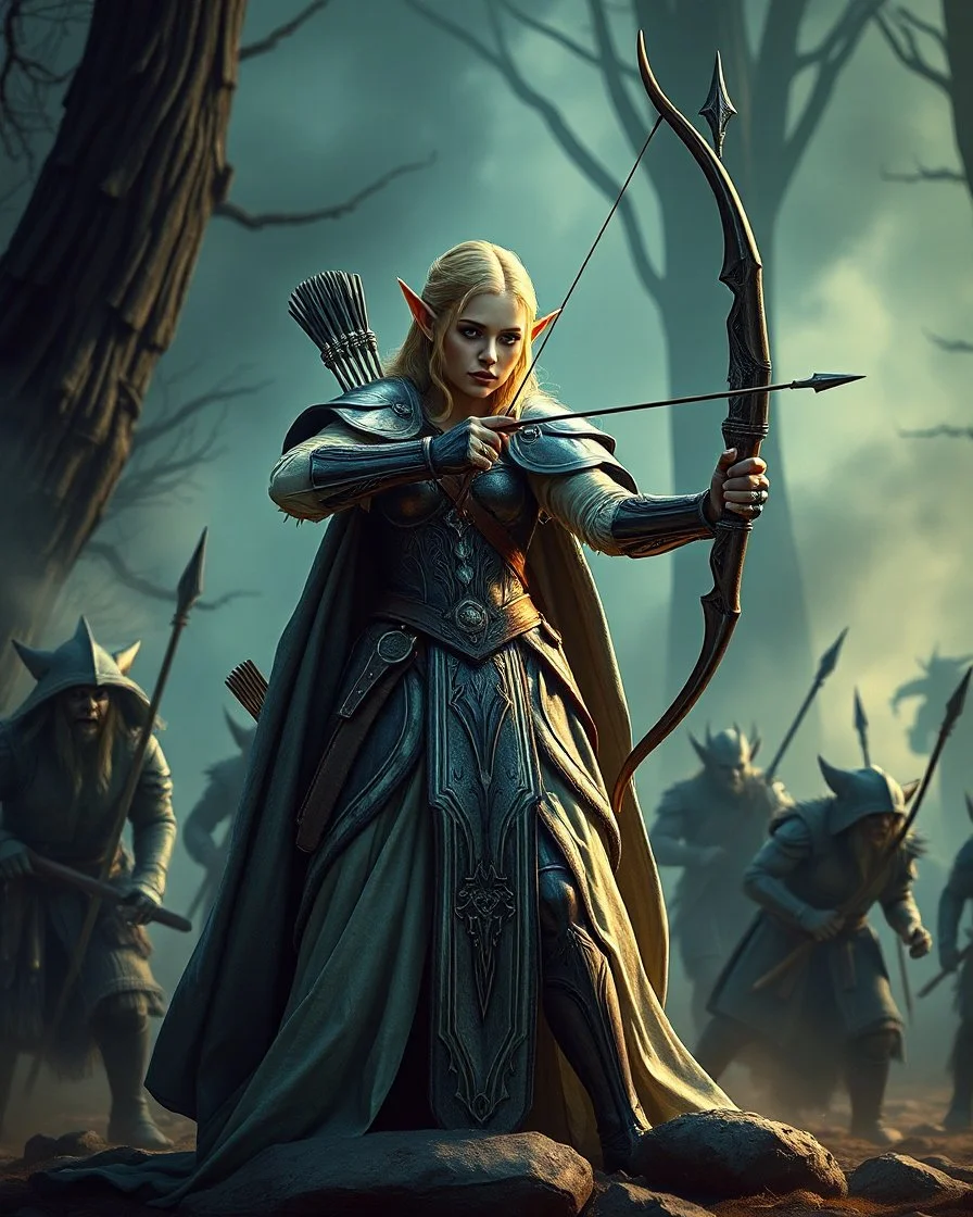 Realistic Photography length image,elf princess wearing luxurious armor standing action holding arrow ready to shot sorrounded by orcs zombies troops