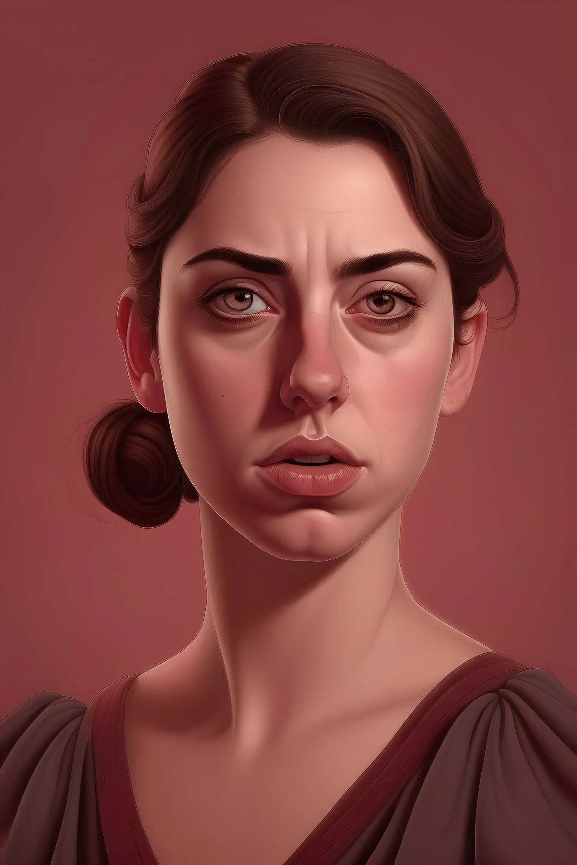 Imagem realista de uma mulher bonita, mas parecendo sobrecarregada, com ombros caídos (use a cor marsala no fundo)