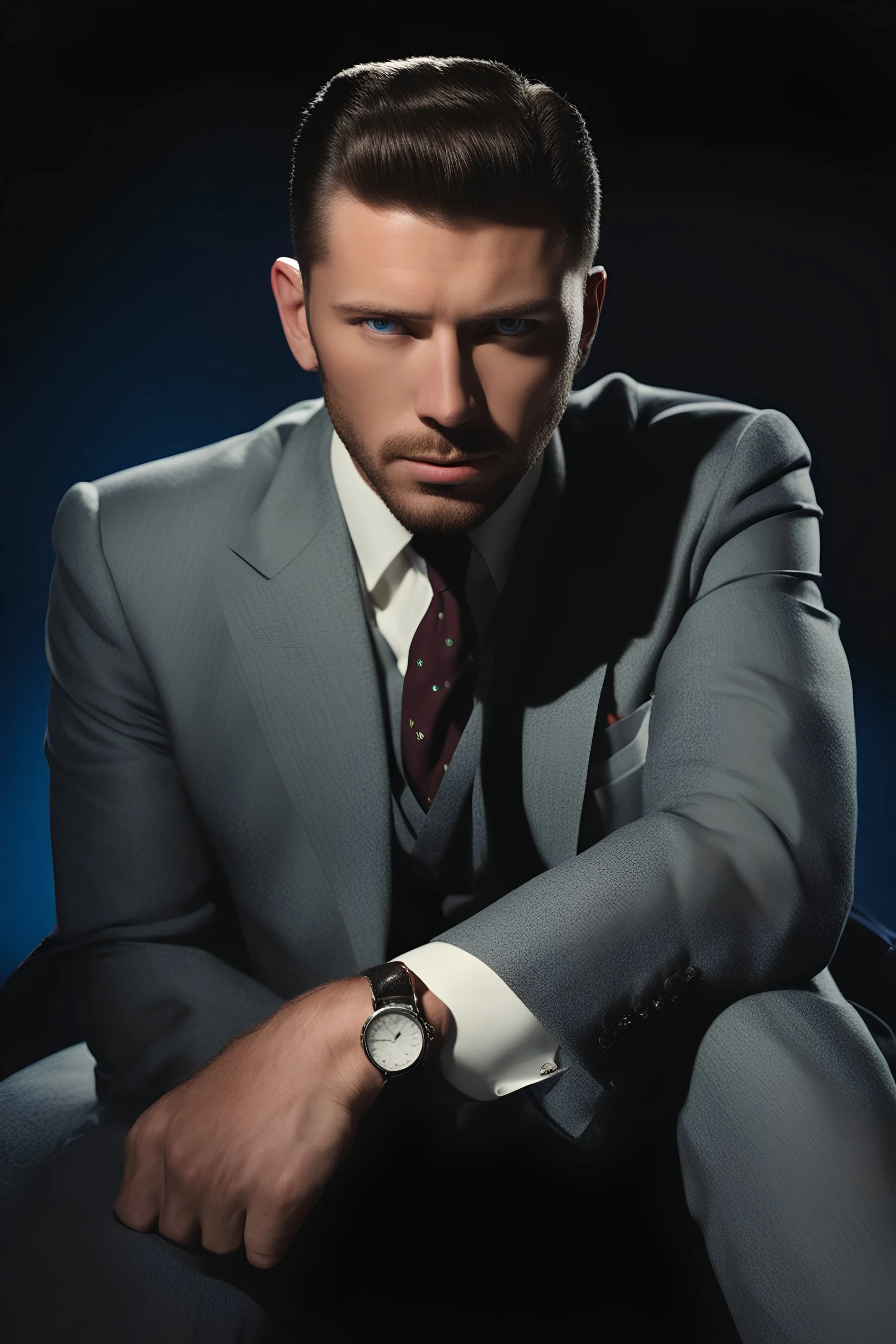 a white man - Eldridge A. Jones with crew-cut dark brown hair tapered on the sides, bangs over the forehead, goatee, bushy eyebrows, blue eyes, wearing a three-piece suit - resembles Elvis Presley, pitch black background with an overhead spotlight effect, professional quality studio 8x10 35mm photograph