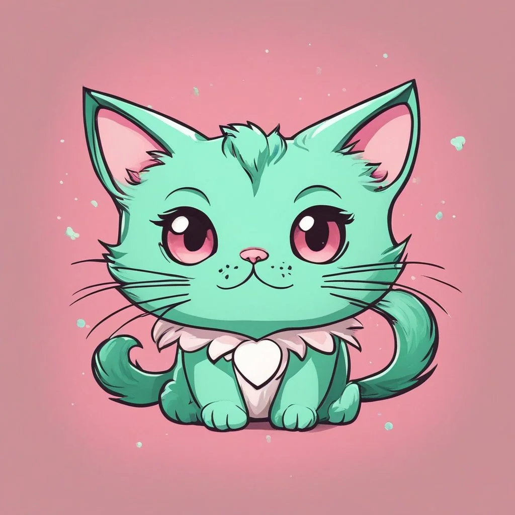 A captivating and playful digital art piece showcasing the adorable charm of a mint-colored cartoon cat, surrounded by a lively pink background, (captivating digital art:1.4), (playful cartoon cat:1.5), (lively pink background:1.3), (expressive mint hues:1.2), drawing inspiration from the styles of cute and playful illustrators, trending on CGSociety, Intricate, Sharp focus, dynamic lighting, (captivating:1.4), (playful ambiance:1.5), (lush fur details:1.3), Cartoon, Masterful, High Detail