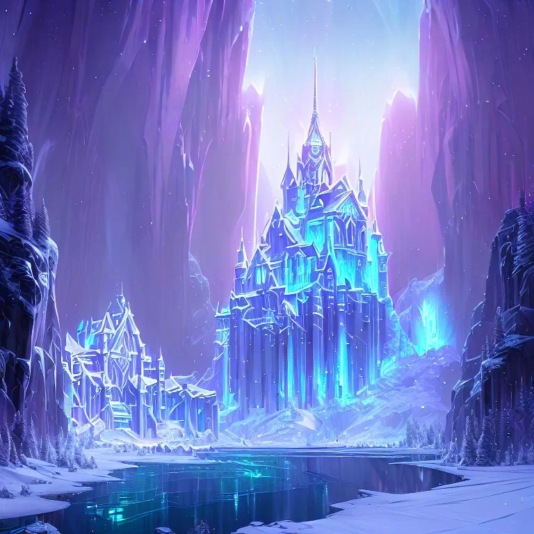 white and gold crystal castle，waterfall, winter snow flakessnow, northern Lights, full of details, smooth, bright sunshine，soft light atmosphere, light effect，vaporwave colorful, concept art, smooth, extremely sharp detail, finely tuned detail, ultra high definition, 8 k, unreal engine 5, ultra sharp focus